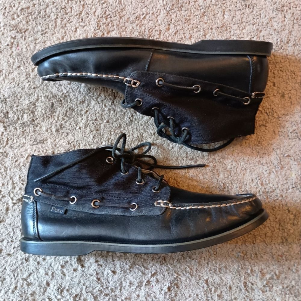 Polo Ralph Lauren Mens 8.5 D Brawley Mid Top Boat Shoes Black Canvas Leather